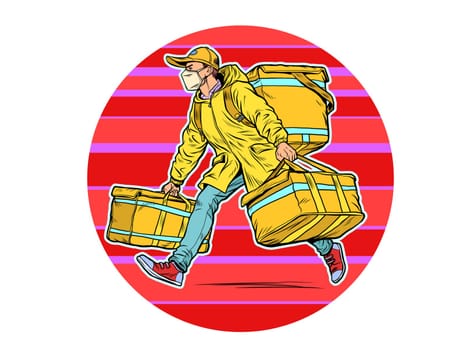 courier in a medical mask. food delivery during the epidemic. Pop art retro vector illustration kitsch vintage 50s 60s style