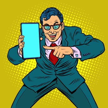businessman shows on smartphone. Mobile technologies and new gadgets. Pop art retro vector illustration kitsch vintage 50s 60s style