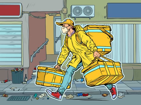 city street. courier in a medical mask. food delivery during the epidemic. Pop art retro vector illustration kitsch vintage 50s 60s style