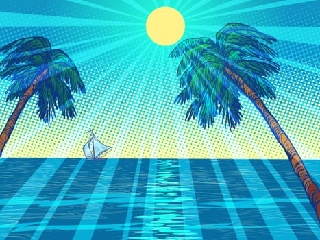 sun beach resort palm trees sea. Pop art retro vector illustration vintage kitsch 50s 60s style