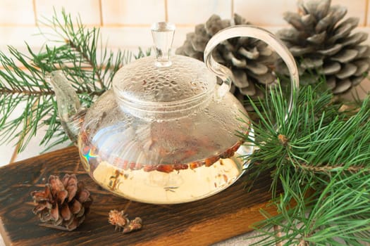Tea with pine buds for treating colds. Herbal medicine. Style life