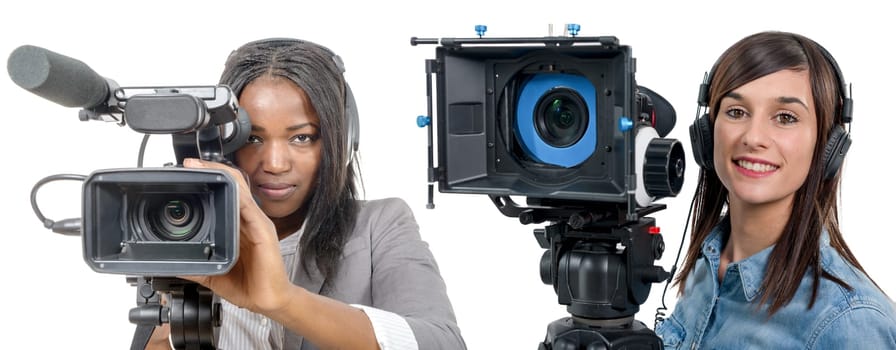 two young women with a professional video camera and headphone