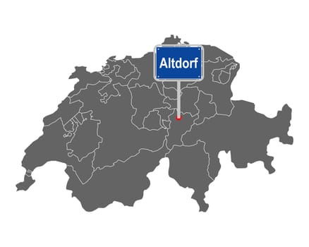 Landkarte der Schweiz mit Ortsschild von Altdorf