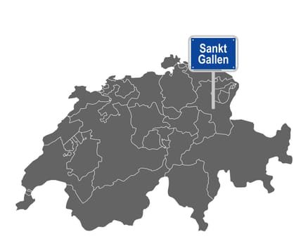 Landkarte der Schweiz mit Ortsschild von Sankt Gallen