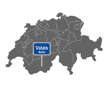 Landkarte der Schweiz mit Ortsschild von Valais