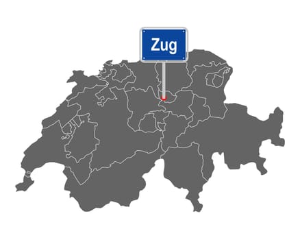 Landkarte der Schweiz mit Ortsschild von Zug