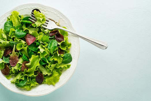 Healthy Green and red lettuce salad meal on blue table background close up