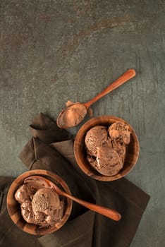 Homemade Organic chocolate Ice Cream scoops in bowl close up