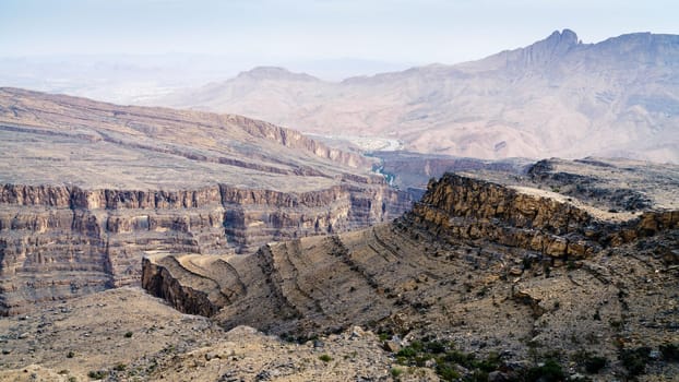 Scenic view of Wadi Ghul aka Grand Canyon of Arabia and surrounding landscape in Jebel Shams, Oman