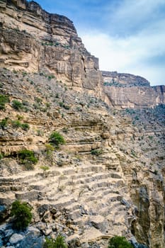 View of ancient terraced fields in Wadi Ghul, Jebel Shams, Oman