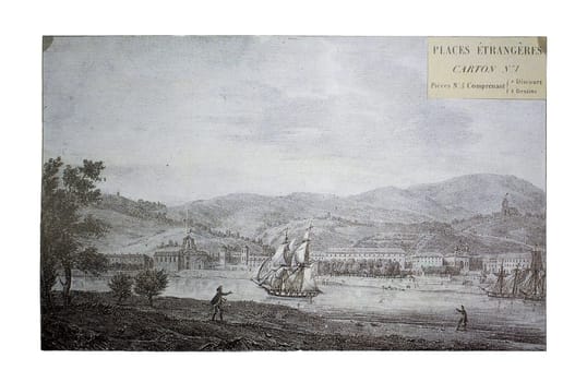 Bilbao city outskirts, circa 1700. Lithography by Langhume