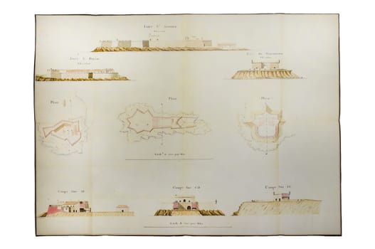 Historical plans and elevations of fortifications, La Corunna, 1824. Made by Perreau