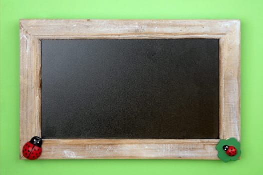 Decorative Blackboard with wooden junic beetle on green background