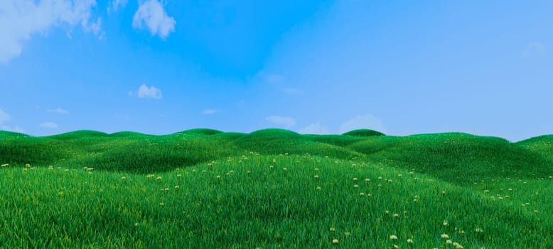 Green grass and flowers on hills and blue sky with clouds realistic baclground 3D rendering