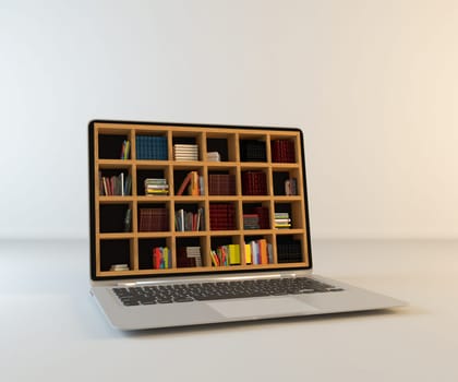 Library in laptop screen, online library realistic 3D rendering