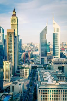 High point view of Dubai Financial District skyline and The Future Museum construction site