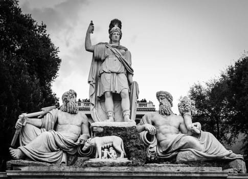 Scupltures of Fontana della Dea Roma or The Fountain of the Goddess Rome on Piazza del Popolo in Rome, Italy