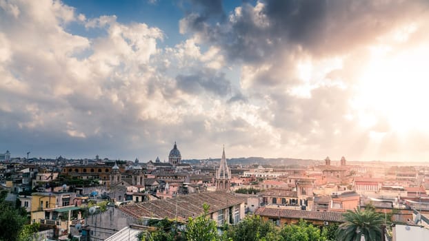 View of Rome skyline under stormy skies from Terrazza del Pincio