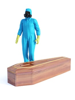 3D rendering of person wearing blue hazmat suit standing beside a coffin containing a Covid-19 victim. Virus corona outbreak!