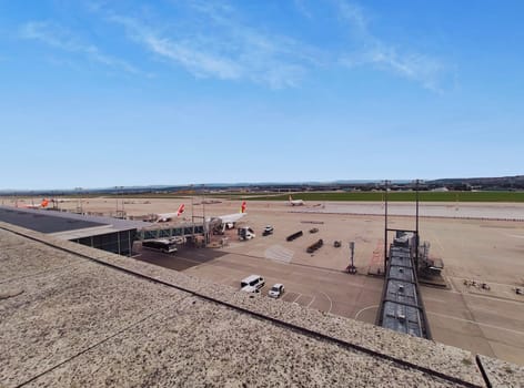 Airplanes in parking position at Stuttgart Airport infield, Germany