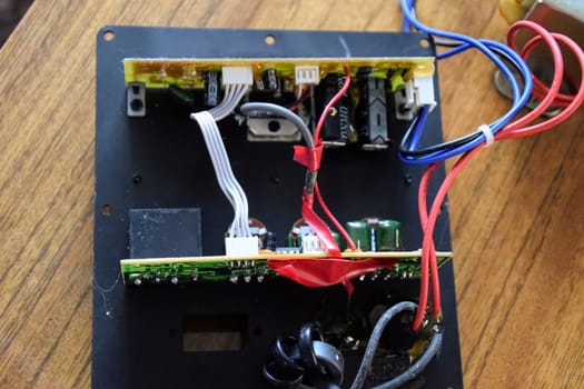 Krasnodar, Russia - April 24, 2020: An internal power amplifier from the computer speaker system microlab solo 2.