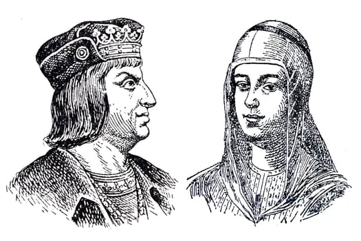 Portrait of Catholic Monarchs of Spain, Queen Isabella I of Castile and King Ferdinand II of Aragon. Draw from Enciclopedia Autodidactica by Carles Dalmau, 1954