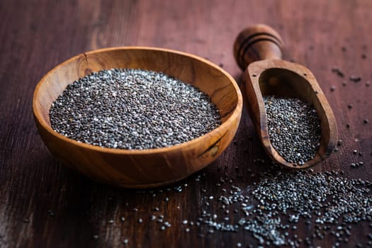 Nutritious Chia seeds with spoon in the bowl on the wooden background