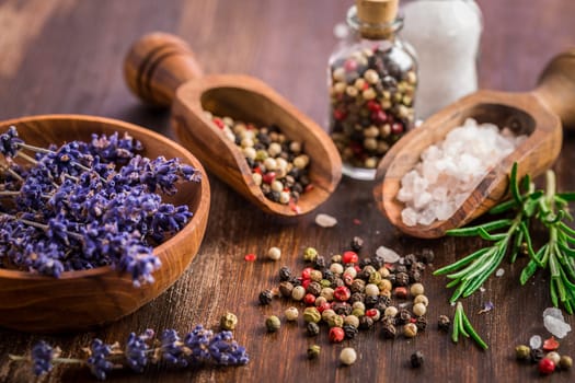 Still life with salt, pepper, fresh rosamary and lavender on wooden background