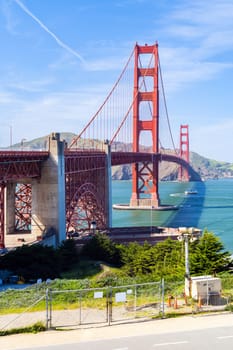 Golden Gate bridge with beautiful blue sky landscape in San Francisco in North California USA West Coast of Pacific Ocean, United States Landmark Travel Destination and cityscape concept.