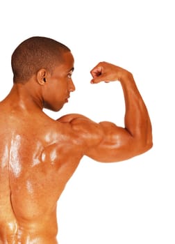 A young man standing from the back in the studio and showing his biceps.shirtless, isolated for white background.