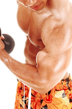 The big biceps of a bodybuilder working out with a dumbbell in a close up.image, isolated for white background.