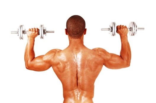 Close up image of a young man working out with two dumbbells.standing form the back, isolated for white background.