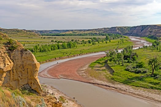 Western River Bend with Bison in the Prairie of the Little Missouri River in Theodore Roosevelt National Park in North Dakota