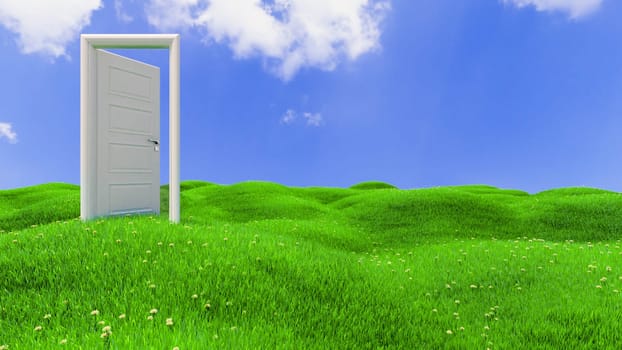 open white wooden door on green flowery hills realistic background 3D rendering