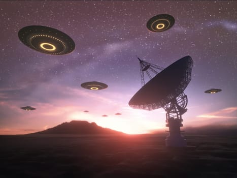 Huge antenna dish for communication and signal reception out of the planet Earth. Observatory searching for radio signal in space at sunset. Contact with extraterrestrials UFO, spaceships coming from the sky. 3D illustration.