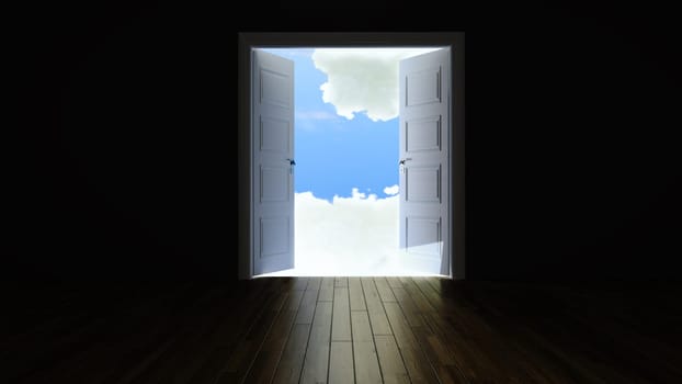 double door opening to the clouds from the dark empty room with wooden floor realistic 3D rendering