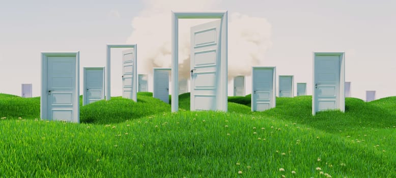 open and closed white wooden doors on green flowery hills under cloud realistic background 3D rendering
