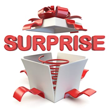 Opened gift box with SURPRISE word 3D render illustration isolated on white background