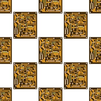 Circuit Board Seamless Pattern on White Background. Flat Design. Modern Computer Technology Background. High Tech Printed Symbol.