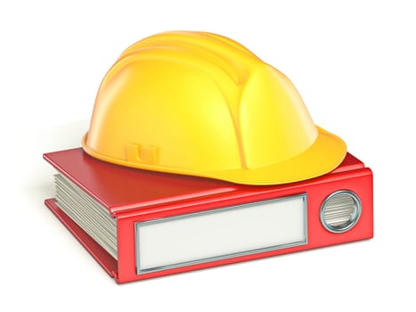 Safety helmet on red file folder 3D render illustration isolated on white background