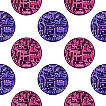 Colorful Circuit Board Sphere Seamless Pattern on White Background. Flat Design. Modern Computer Technology Texture. High Tech Printed Symbol.