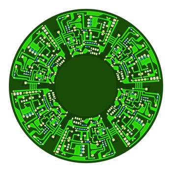 Green Circuit Board Isolated on White Background. Flat Design. Modern Computer Technology Background. Modern Sphere. High Tech Printed Symbol.