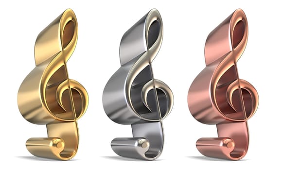Golden, silver and bronze treble clefs 3D render illustration isolated on white background