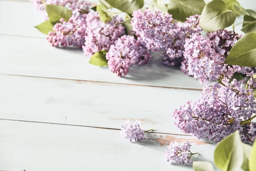 Faded vintage style spring background with lilac flowers in dainty sprays arranged to the corner over white wood with copy space