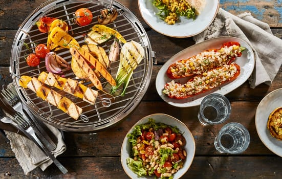 A close up of various vegetables on a grill and healthy, gourmet dishes.