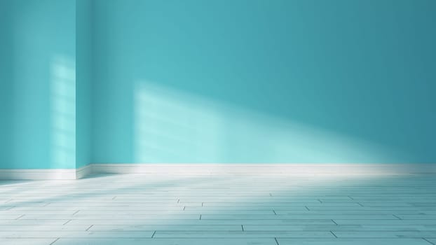 painted light blue wall in empty room with wooden white parquet floor and sunlight from window on the wall realistic 3D rendering