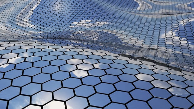 Futuristic wavy chrome surface hexagon sky reflection pattern, building  facade realistic 3D Rendering