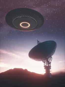 Huge antenna dish for communication and signal reception out of the planet Earth. Observatory searching for radio signal in space at sunset. Contact with extraterrestrials UFO, spaceships coming from the sky. 3D illustration.