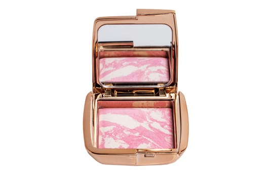 Cosmetic products isolated. Closeup of a elegant cosmetic box with cheek or face powder. Make-up isolated on a white background. Macro from a blusher or bronzer.