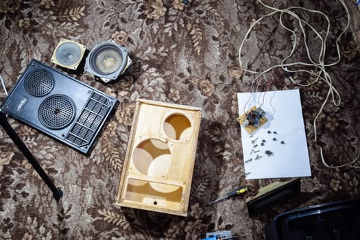 Krasnodar, Russia - April 11, 2020: Column speaker 15AS-208. Vintage Soviet bookshelf acoustics. Disassembled speaker case 15as-208. Repair speakers.